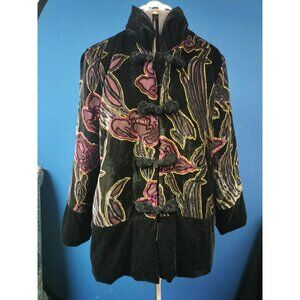 Vintage Black Velvet Floral Embroidered Jacket With Frog Closures XL